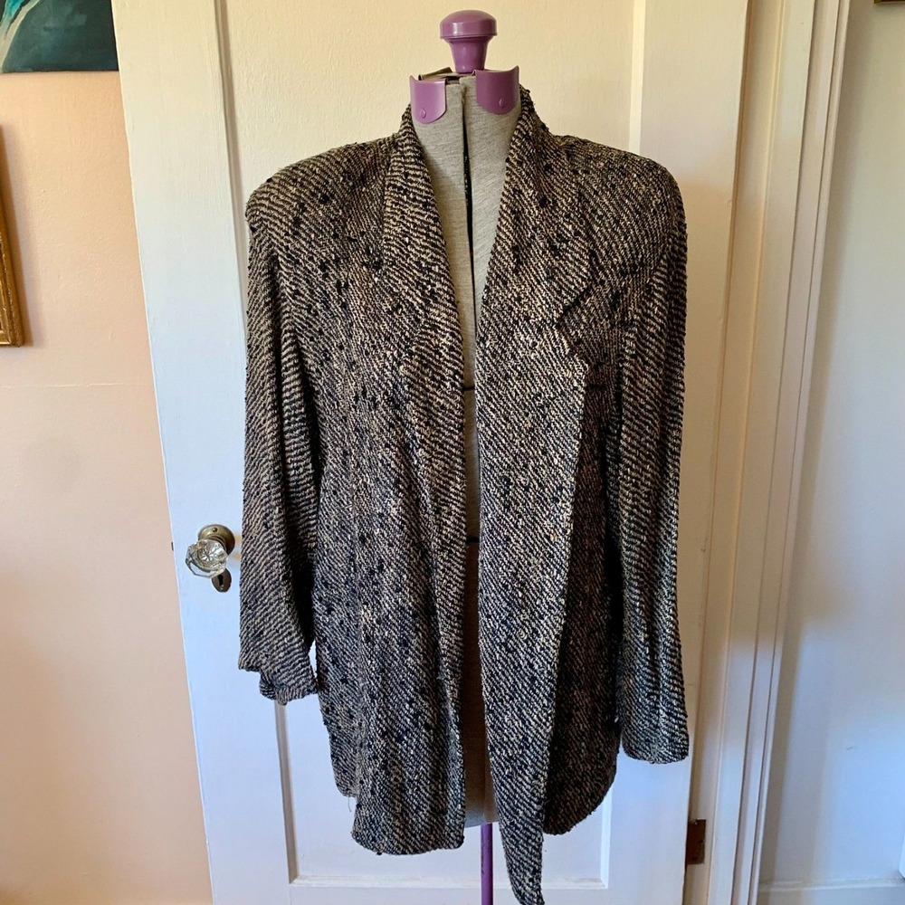 Panache Handwoven Tweed Blazer Jacket‎ Womens Black Tan Metallic Open Front XL